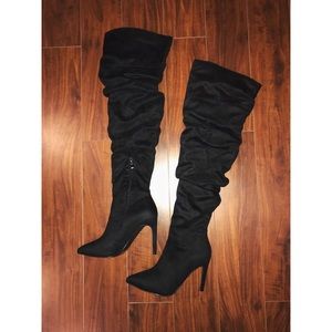 Women’s Slouchy Black Over the Knee Heeled Boots